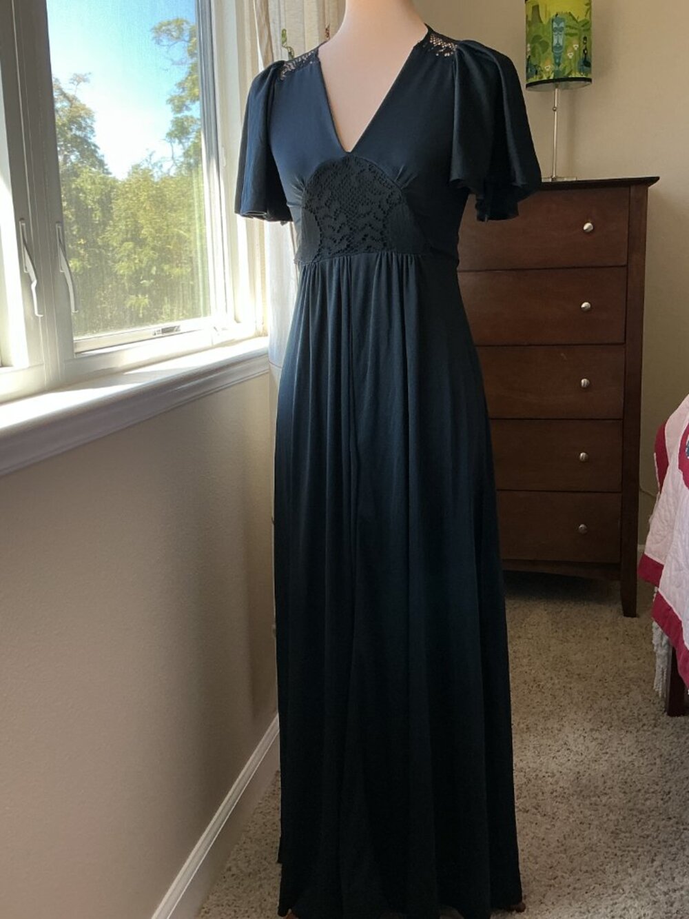 Vintage 70s Black Flutter Sleeve Empire Waist Lace Insert Maxi Dress S